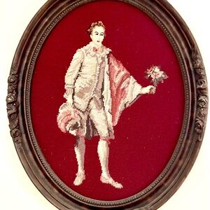 Large Vintage Victorian man w/ bouquet of flowers needlepoint framed